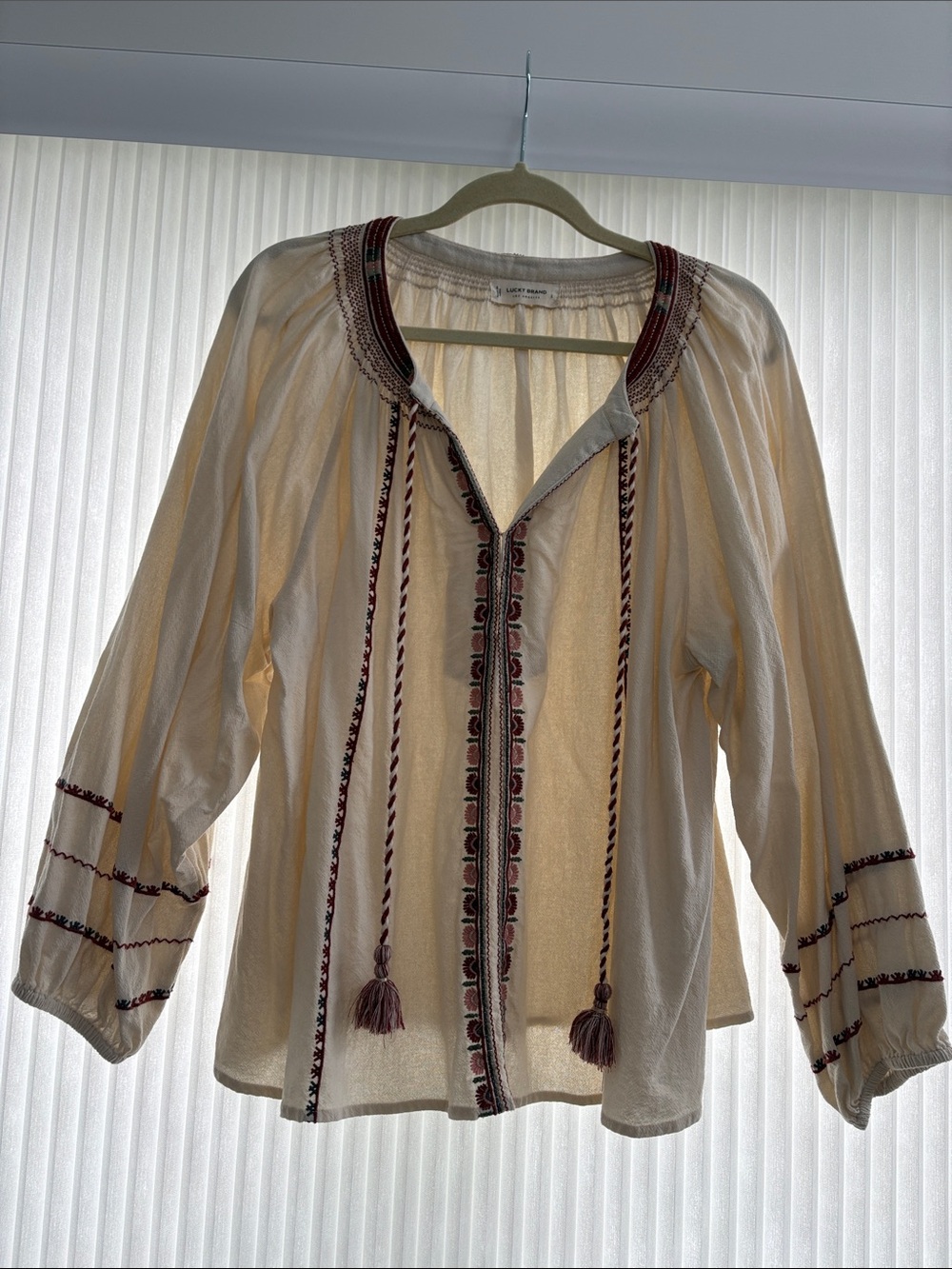 Lucky Brand Embroidered Peasant Top - Cream with Rust & Gray Trim
